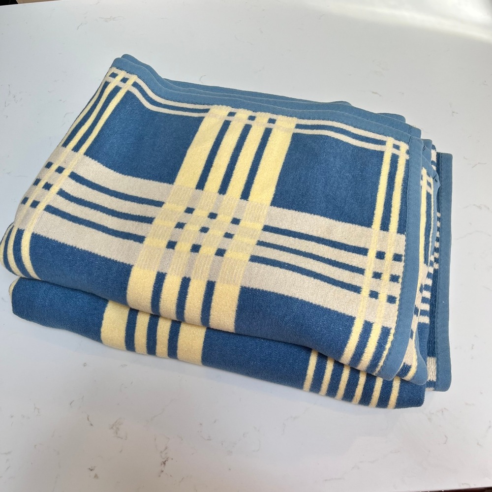 TWO Ibena Blue Cream Plaid Blankets Made inGermany Cotton Blend 54x75 Reversible